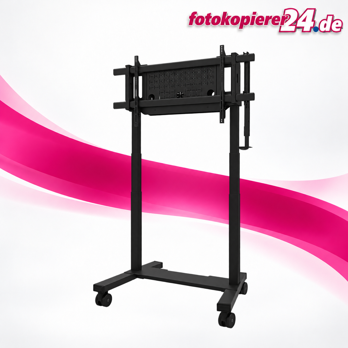 Schwarzer Neomounts FL55-975BL1 MOVE Lift XL ohne Display vor pinkem FK24-Hintergrund mit Logo.