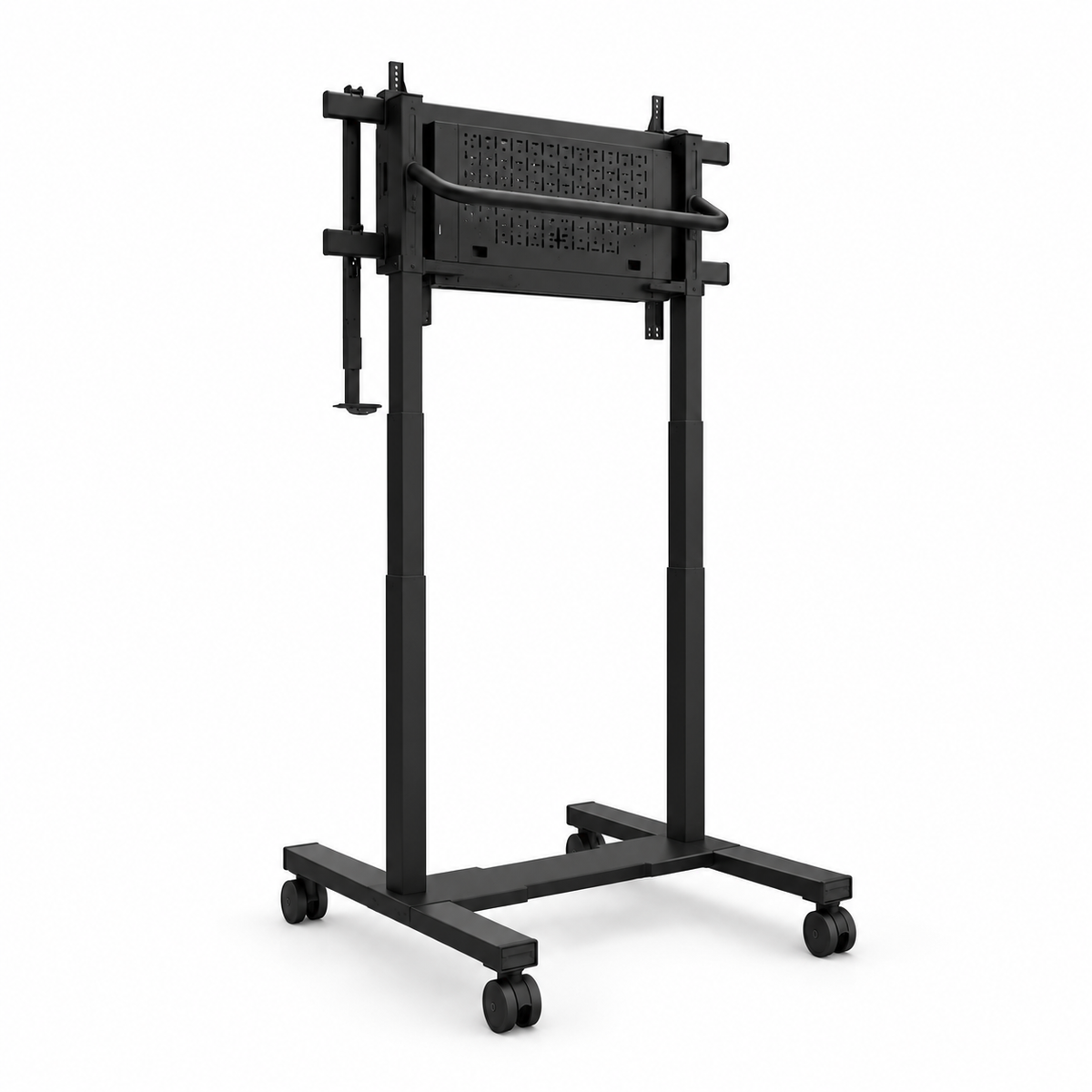 Schwarzer Neomounts FL55-975BL1 MOVE Lift XL ohne Display vor pinkem FK24-Hintergrund mit Logo.