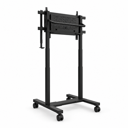 Schwarzer Neomounts FL55-975BL1 MOVE Lift XL ohne Display vor pinkem FK24-Hintergrund mit Logo.