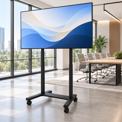 Schwarzer Neomounts FL55-975BL1 MOVE Lift XL ohne Display vor pinkem FK24-Hintergrund mit Logo.